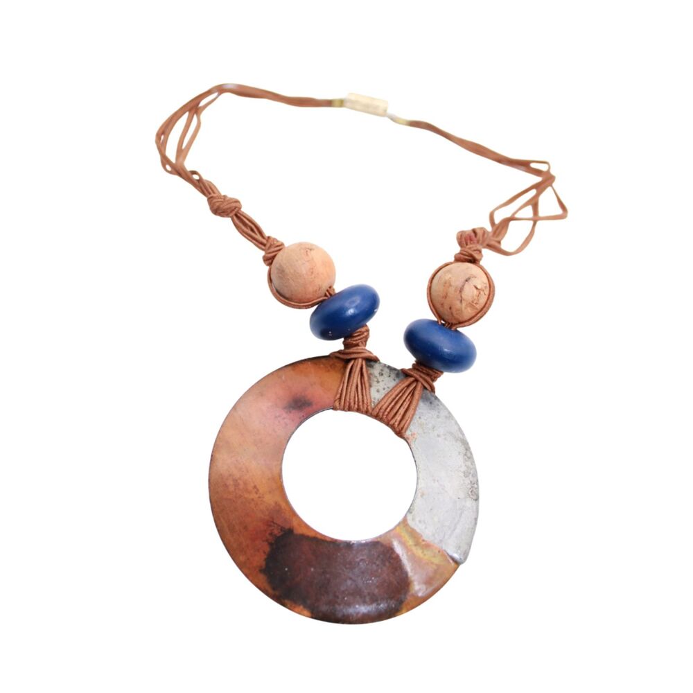 Boho Statement Necklace Brown Cord Blue Beads Mixed Metal Circle Pendant